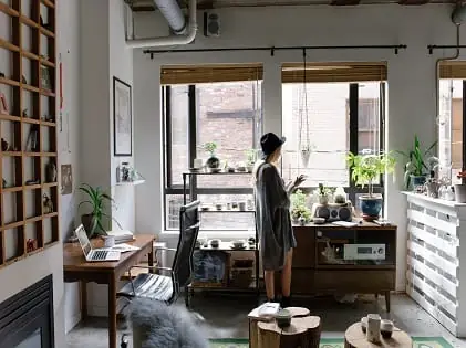 room woman standing home living room organize